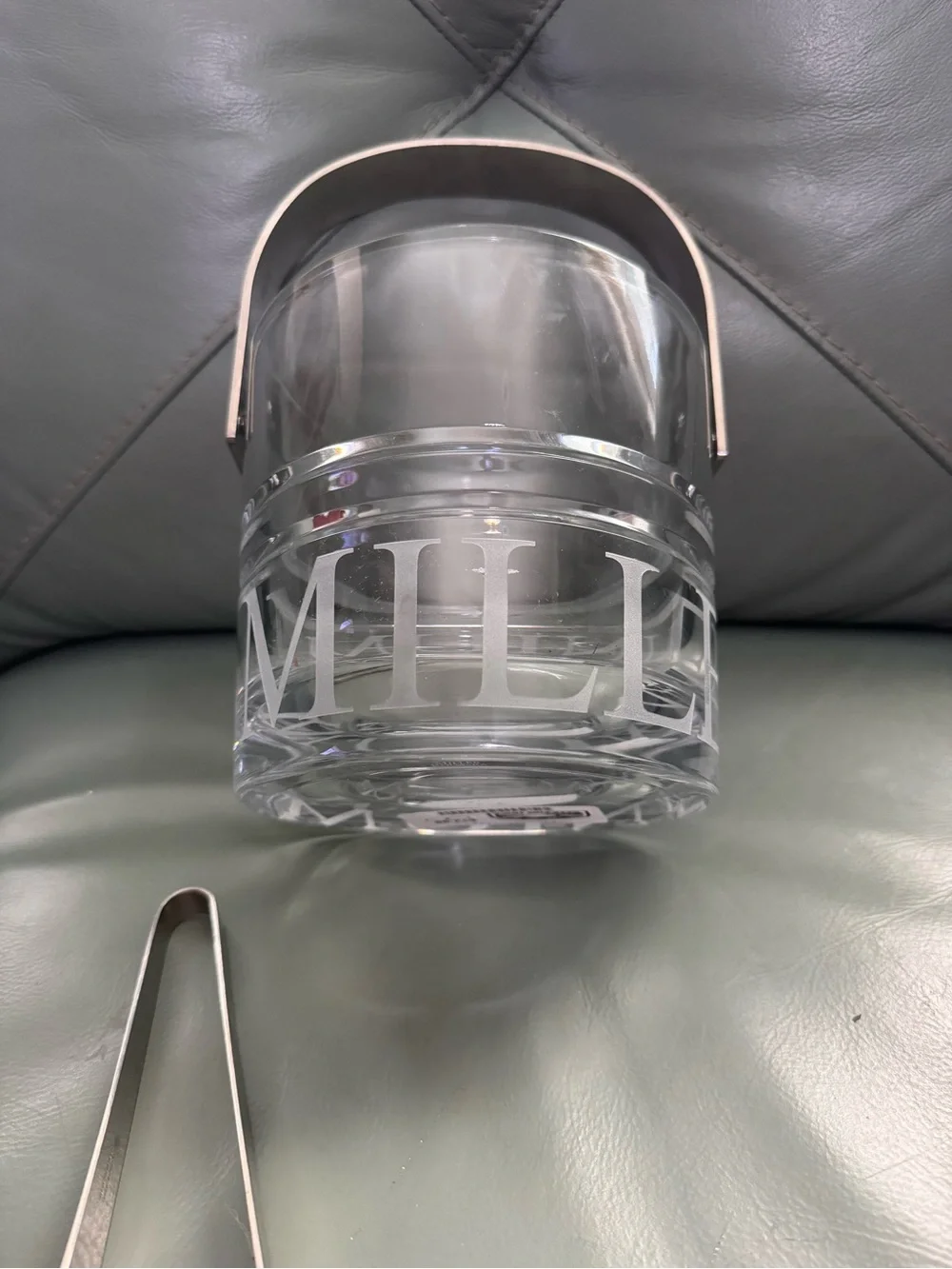 RARE Miller Rogaska Crystal Glass Ice Bucket with Silver-Toned Handle and Tongs